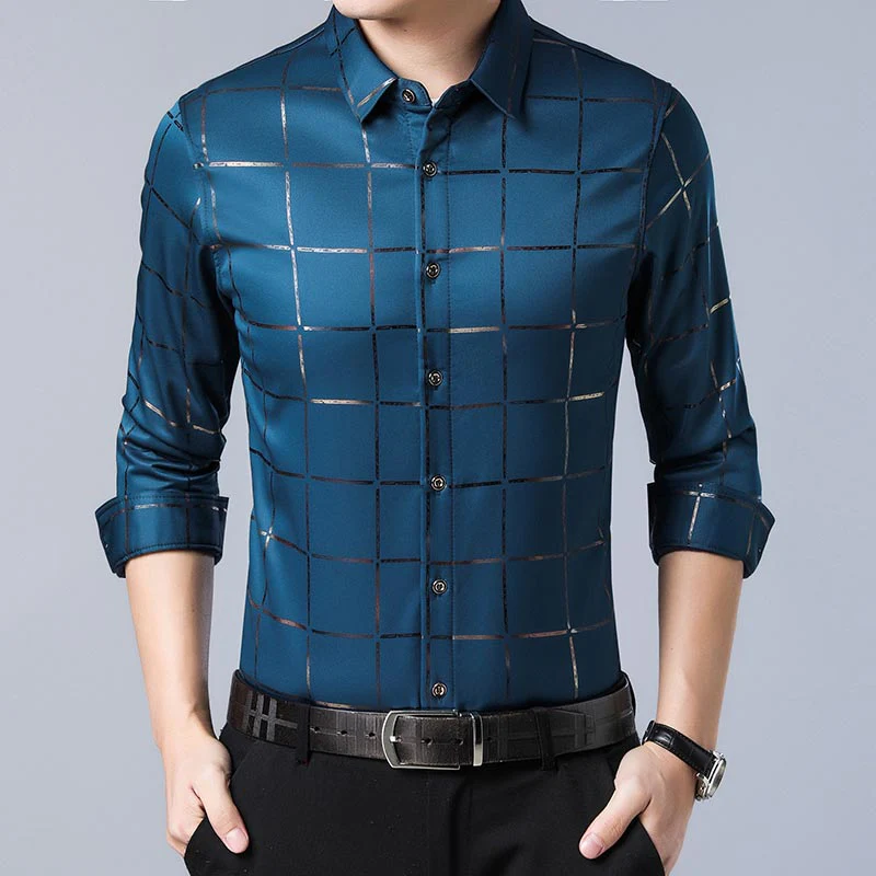 2022 Brand Casual Spring Luxury Plaid Long Sleeve Slim Fit Men Shirt - Image 3