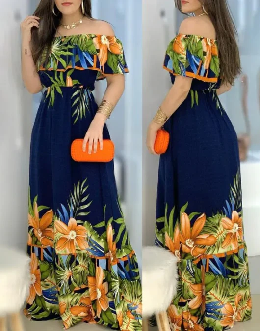 2022 New Summer Off Shoulder Tropical Print Dress - Image 3