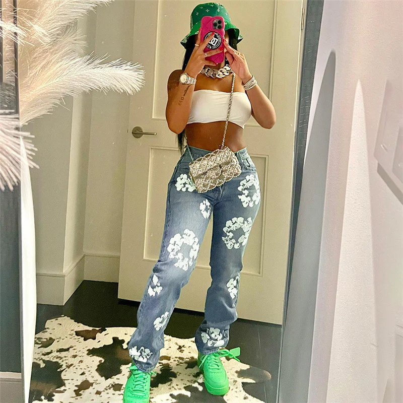 2022 Printing Women Jean Pants Women Clothing Autumn Clothes High Waist Jean - Image 3