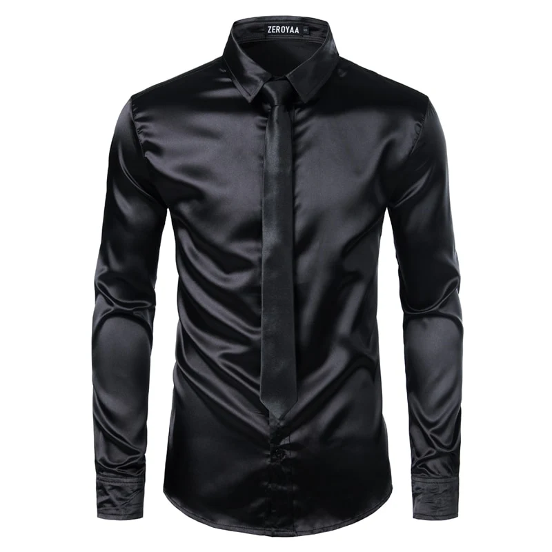 2pcs Silver Silk Shirt+Tie Mens Satin Smooth Tuxedo Shirts - Image 18