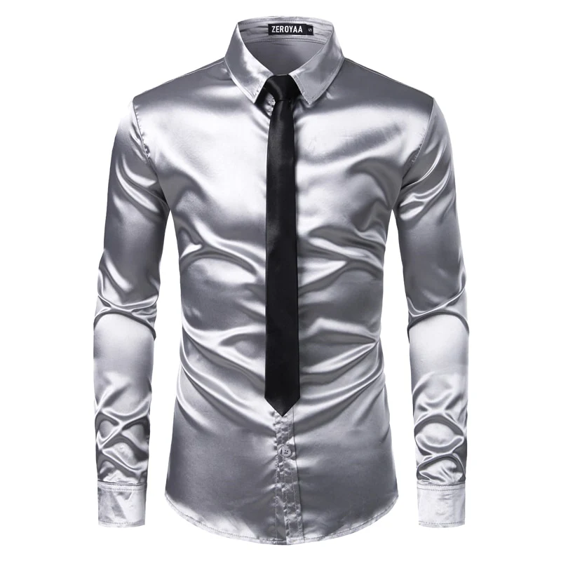 2pcs Silver Silk Shirt+Tie Mens Satin Smooth Tuxedo Shirts - Image 20