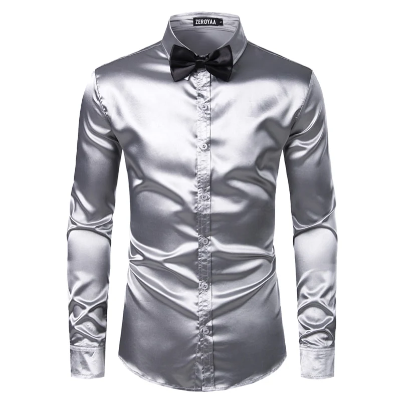 2pcs Silver Silk Shirt+Tie Mens Satin Smooth Tuxedo Shirts - Image 3