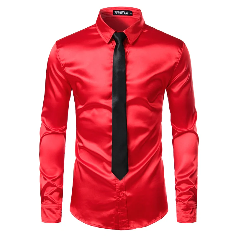 2pcs Silver Silk Shirt+Tie Mens Satin Smooth Tuxedo Shirts - Image 4