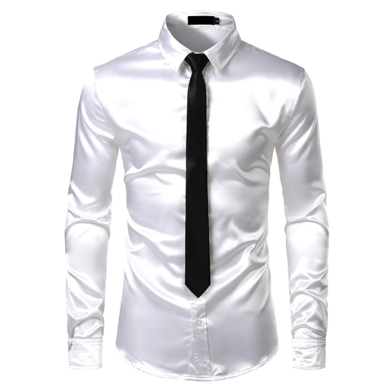 2pcs Silver Silk Shirt+Tie Mens Satin Smooth Tuxedo Shirts - Image 7