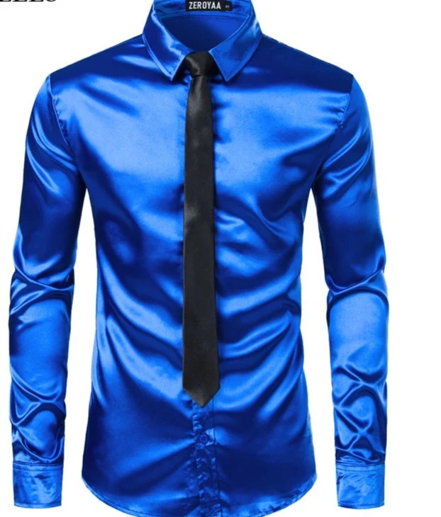 2pcs Silver Silk Shirt+Tie Mens Satin Smooth Tuxedo Shirts - Image 8