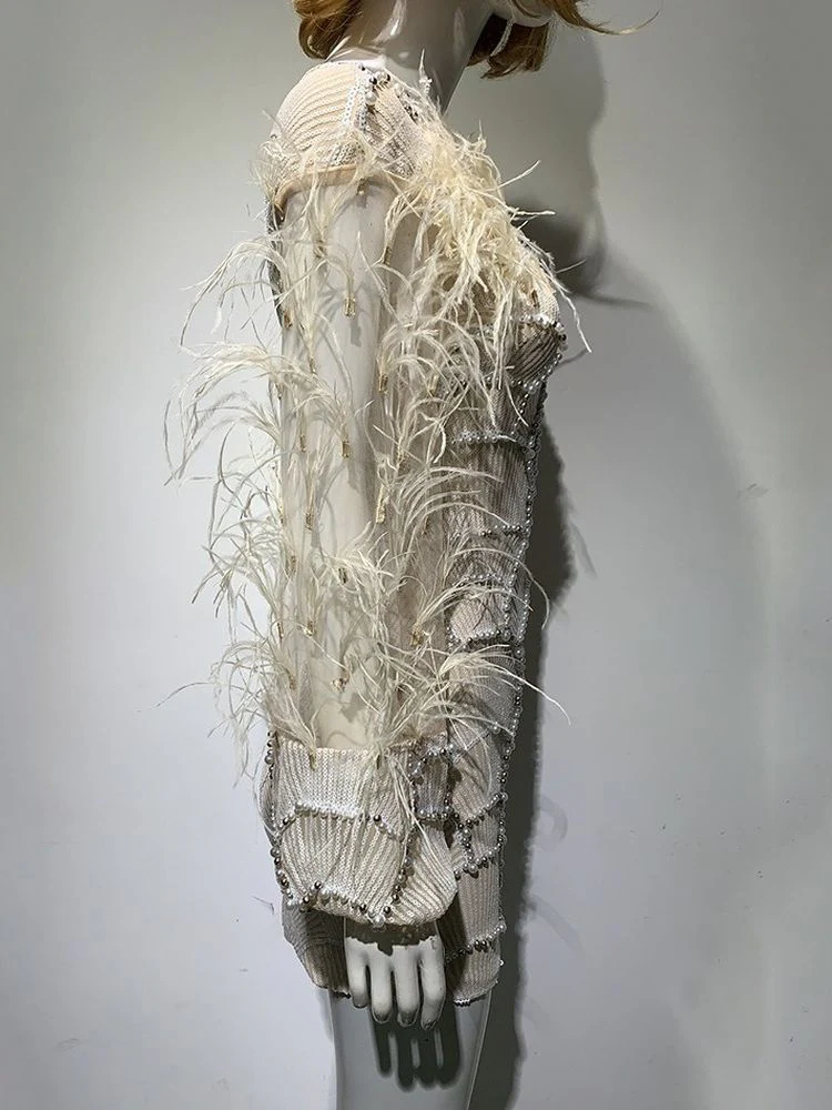 Sexy Women's Sexy V-neck Beaded Dress Beaded Long Sleeve Feather Wine Dress - Image 7