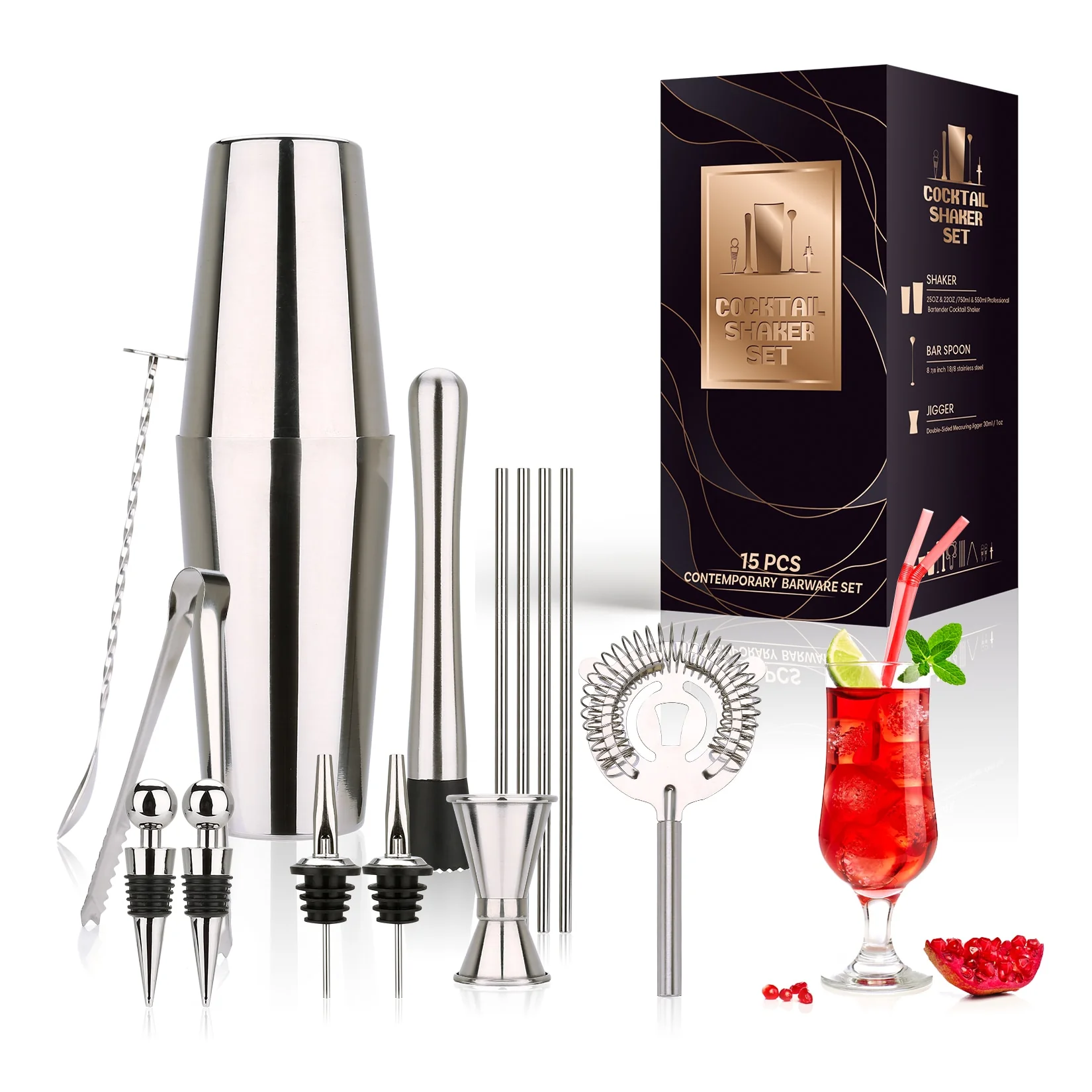Cocktail Shaker Making Set,16pcs Bartender Kit For Mixer Wine Martini, Stainless Steel Bars Tool, Home Drink Party Accessories - Image 3