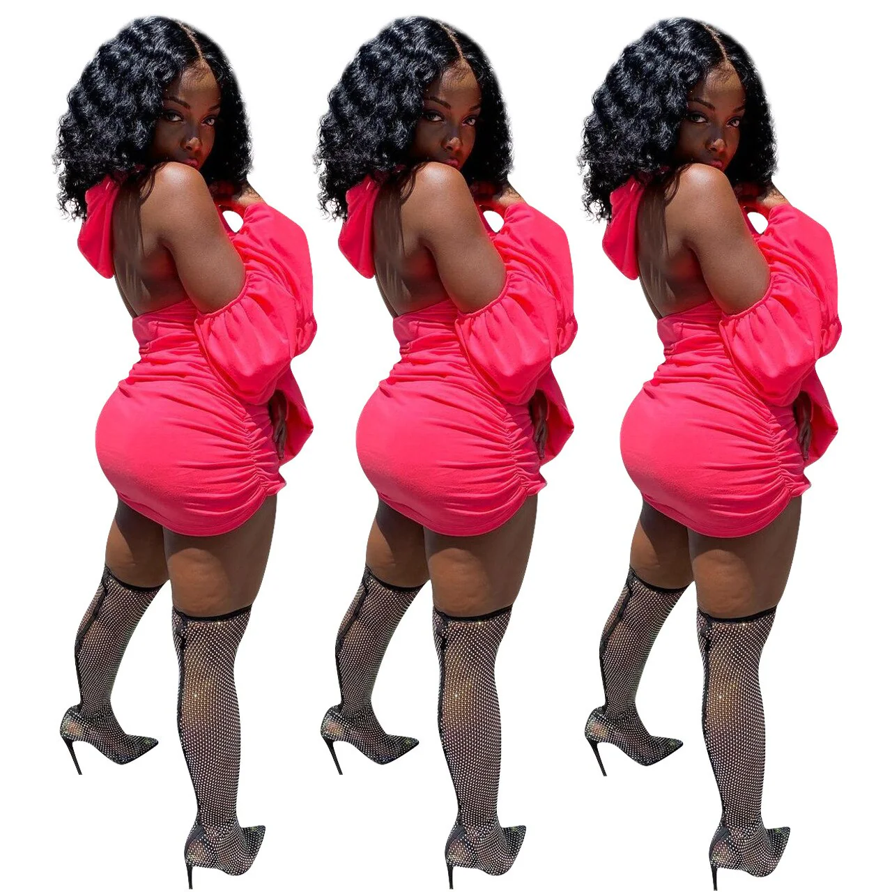 Dresses for Women 2021 Pure Color Pleated Fashion Hooded Wrap Mini Dress Summer Holiday Sundress Open Back Women's Short Sleeve - Image 5