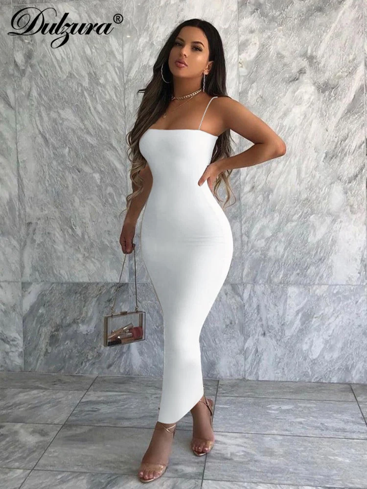 Dulzura 2023 Autumn Winter Women Solid White Black Strap Midi Dress Bodycon Sexy Streetwear Party Club Elegant Fashion Clothes - Image 5