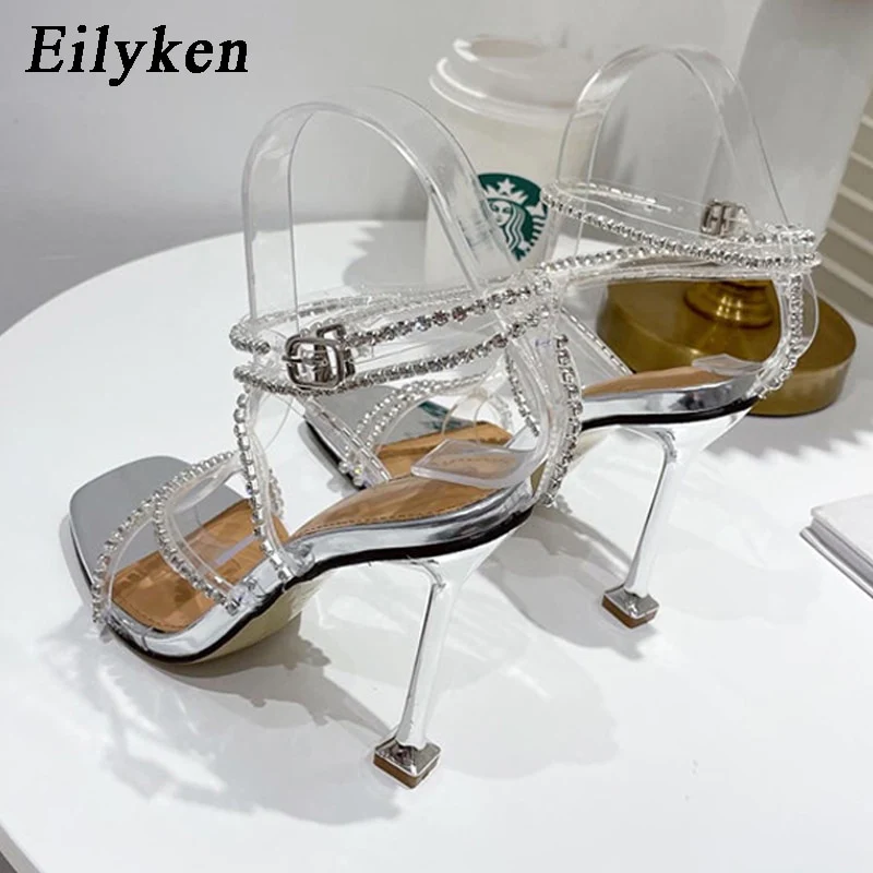 11CM High Heels PVC Transparent Crystal Women Sandals Summer Fashion Silver Rhinestone Sexy Square Toe Party Pumps - Image 7