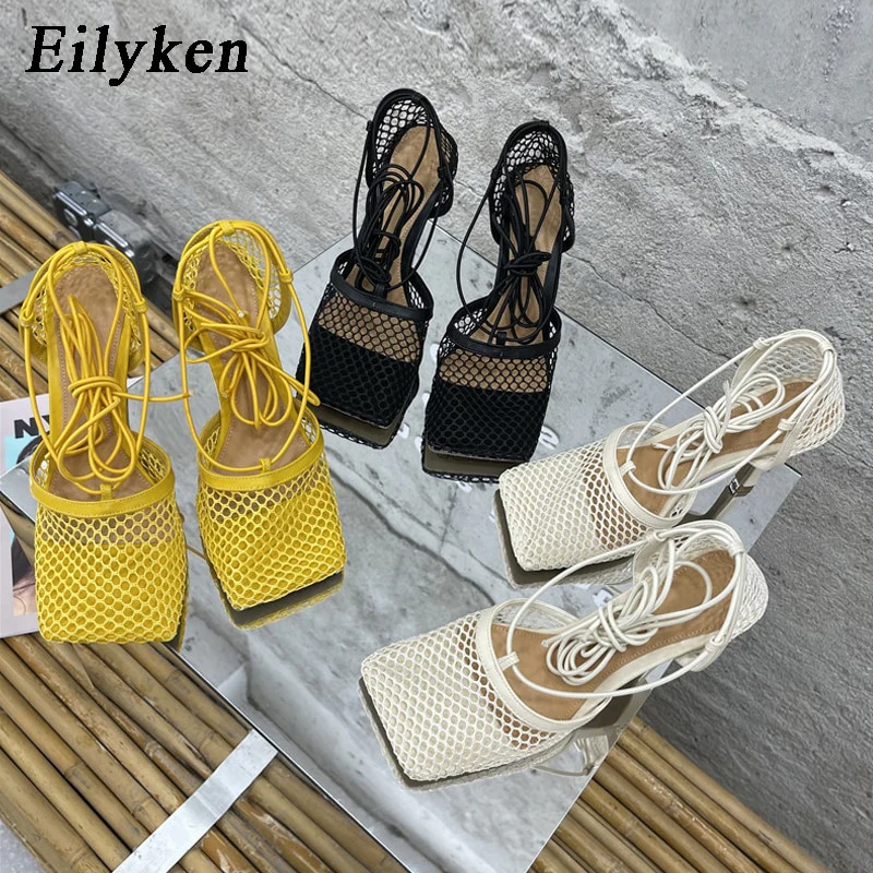 Eilyken 2023 New Sexy Mesh Pumps Sandals Female Square Toe High Heel Lace Up Cross-Tied Stiletto Hollow Dress Shoes - Image 11