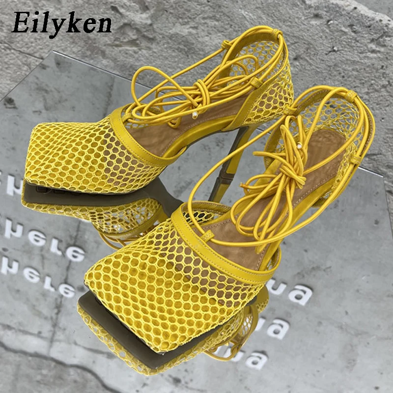 Eilyken 2023 New Sexy Mesh Pumps Sandals Female Square Toe High Heel Lace Up Cross-Tied Stiletto Hollow Dress Shoes - Image 3