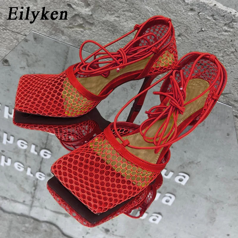 Eilyken 2023 New Sexy Mesh Pumps Sandals Female Square Toe High Heel Lace Up Cross-Tied Stiletto Hollow Dress Shoes - Image 5