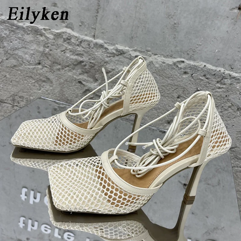 Eilyken 2023 New Sexy Mesh Pumps Sandals Female Square Toe High Heel Lace Up Cross-Tied Stiletto Hollow Dress Shoes - Image 7