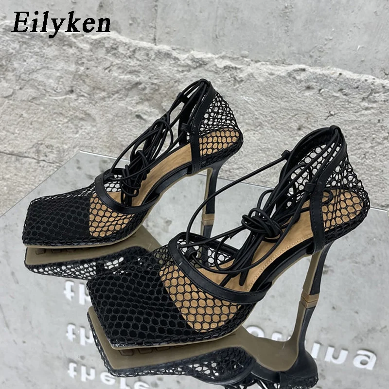 Eilyken 2023 New Sexy Mesh Pumps Sandals Female Square Toe High Heel Lace Up Cross-Tied Stiletto Hollow Dress Shoes - Image 9