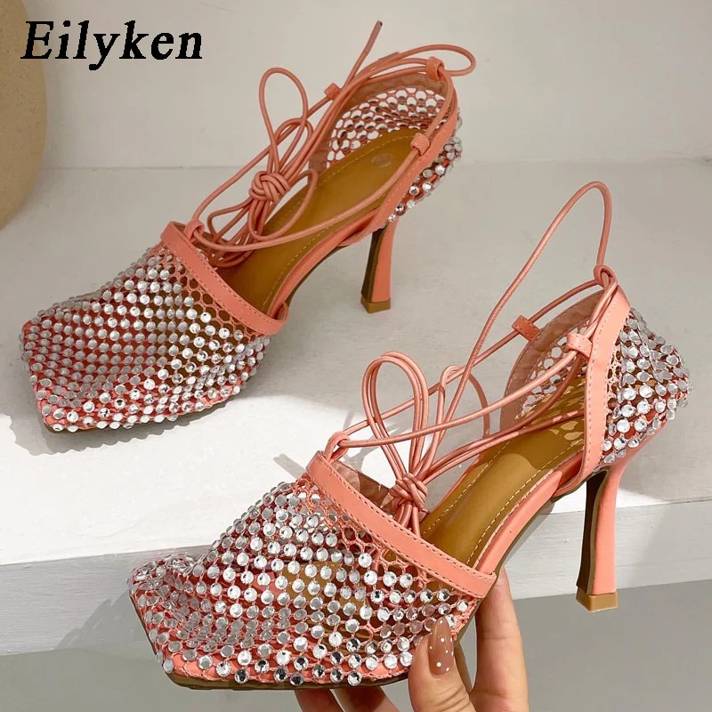 Eilyken Green Yellow Crystal Women Pumps Square Toe Fishnet Hollow Ankle Cross-Tied High Heel Rhinestone Sandals Lady Dress Shoe - Image 10