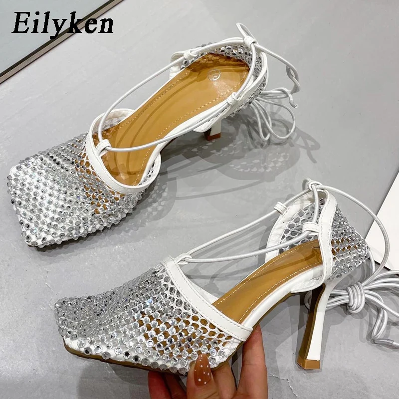 Eilyken Green Yellow Crystal Women Pumps Square Toe Fishnet Hollow Ankle Cross-Tied High Heel Rhinestone Sandals Lady Dress Shoe - Image 16