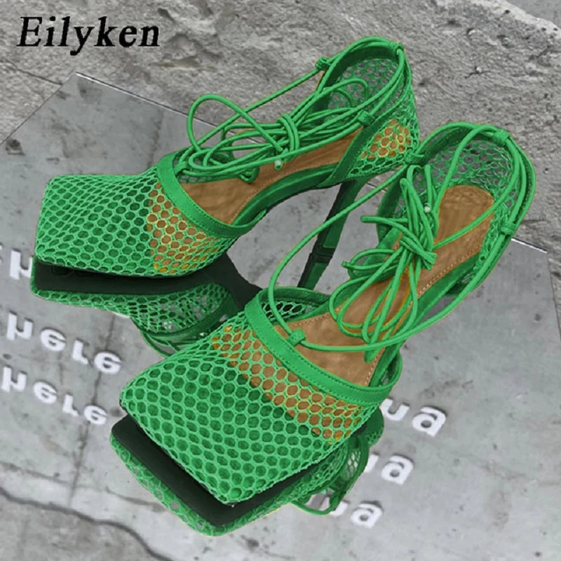 Eilyken Green Yellow Crystal Women Pumps Square Toe Fishnet Hollow Ankle Cross-Tied High Heel Rhinestone Sandals Lady Dress Shoe - Image 3