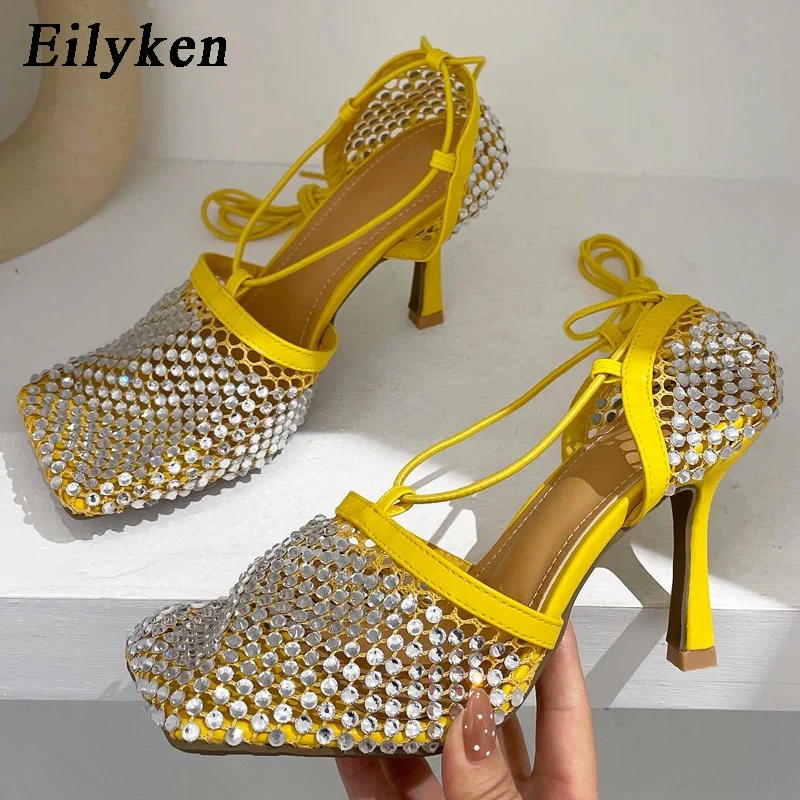 Eilyken Green Yellow Crystal Women Pumps Square Toe Fishnet Hollow Ankle Cross-Tied High Heel Rhinestone Sandals Lady Dress Shoe - Image 4