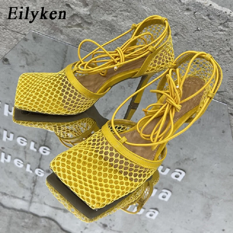 Eilyken Green Yellow Crystal Women Pumps Square Toe Fishnet Hollow Ankle Cross-Tied High Heel Rhinestone Sandals Lady Dress Shoe - Image 5