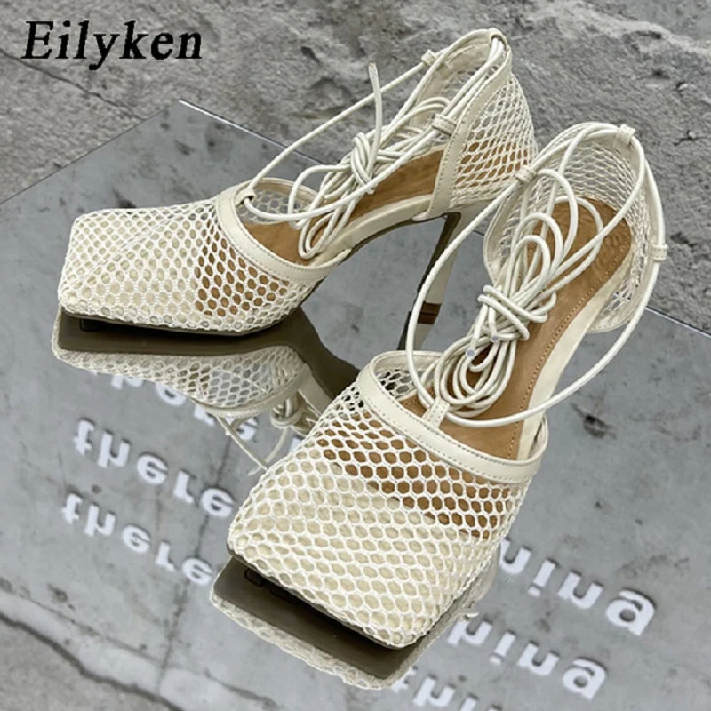 Eilyken Green Yellow Crystal Women Pumps Square Toe Fishnet Hollow Ankle Cross-Tied High Heel Rhinestone Sandals Lady Dress Shoe - Image 7