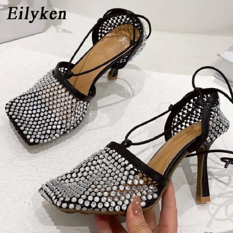 Eilyken Green Yellow Crystal Women Pumps Square Toe Fishnet Hollow Ankle Cross-Tied High Heel Rhinestone Sandals Lady Dress Shoe - Image 8