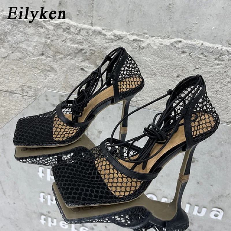 Eilyken Green Yellow Crystal Women Pumps Square Toe Fishnet Hollow Ankle Cross-Tied High Heel Rhinestone Sandals Lady Dress Shoe - Image 9