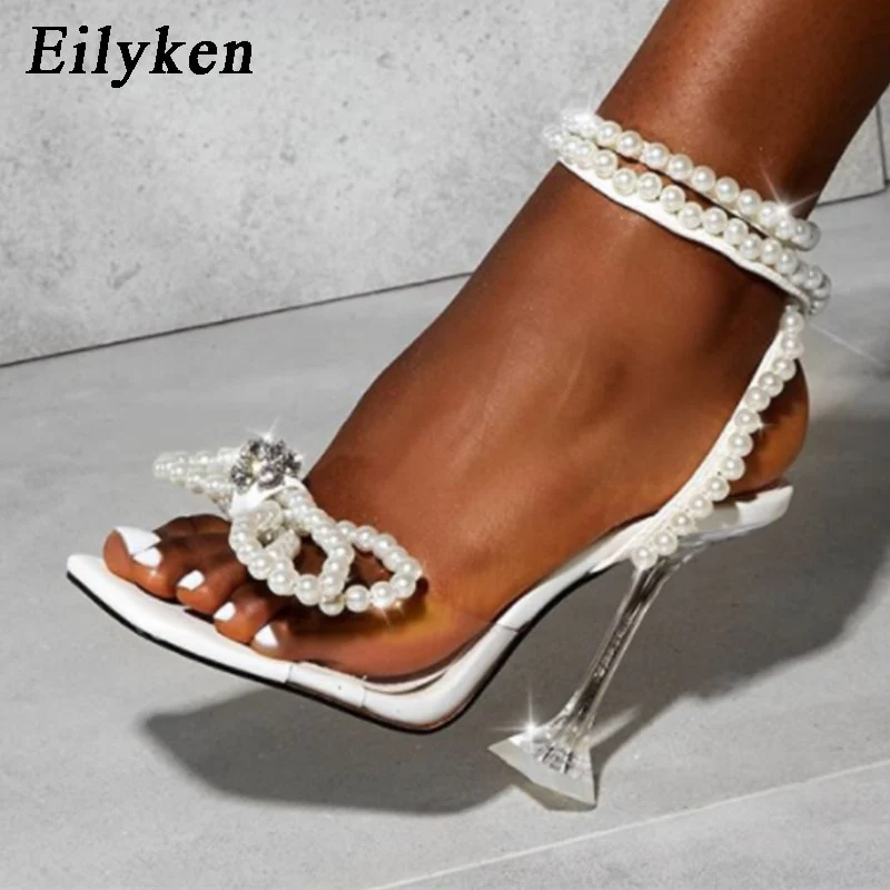 Eilyken New Women Sandals 2023 Summer Sexy Perspex Crystal High Heels Party Wedding Shoes Square Toe Pearls String Bowknot Pumps - Image 9