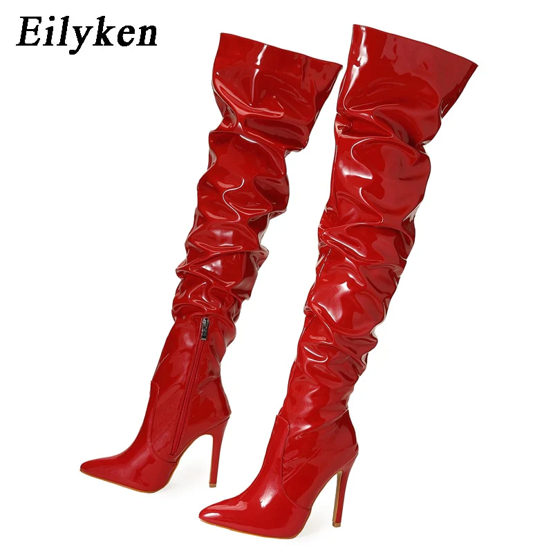 Eilyken Red Women Over The Knee Boots High Heels Patent Leather Solid Pointed Toe Stiletto Side Zipper Sapatos Femininos - Image 5