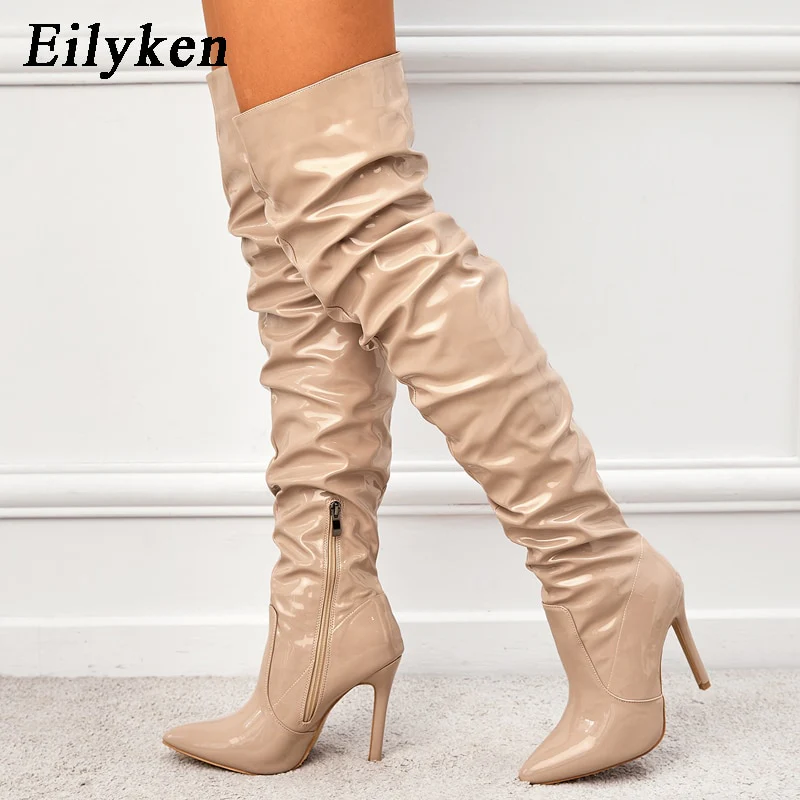 Eilyken Red Women Over The Knee Boots High Heels Patent Leather Solid Pointed Toe Stiletto Side Zipper Sapatos Femininos - Image 9