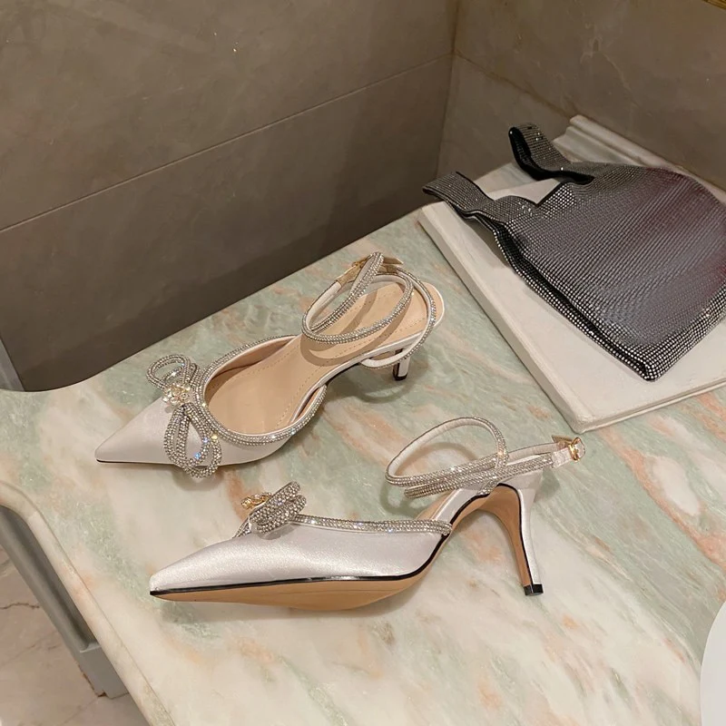 Eilyken Style Glitter Rhinestones Silk Women Pumps Crystal Bowknot Satin Spring Autumn Lady High Heels Party Prom Shoes - Image 3