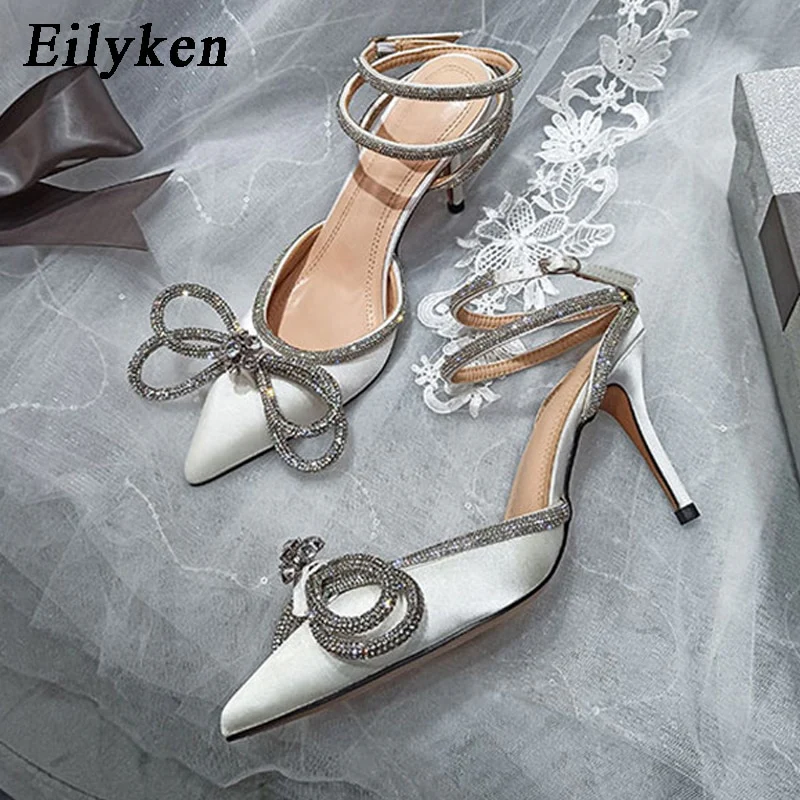 Eilyken Style Glitter Rhinestones Silk Women Pumps Crystal Bowknot Satin Spring Autumn Lady High Heels Party Prom Shoes - Image 6