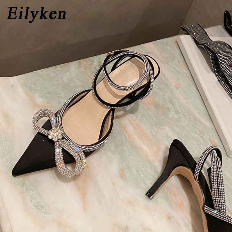 Eilyken Style Glitter Rhinestones Silk Women Pumps Crystal Bowknot Satin Spring Autumn Lady High Heels Party Prom Shoes - Image 8