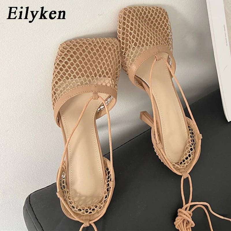 Eilyken Summer Autumn Sexy Mesh Pumps Sandals Female Square Toe High Heel Lace Up Cross-tied Stiletto Hollow Dress Stripper Shoe - Image 10