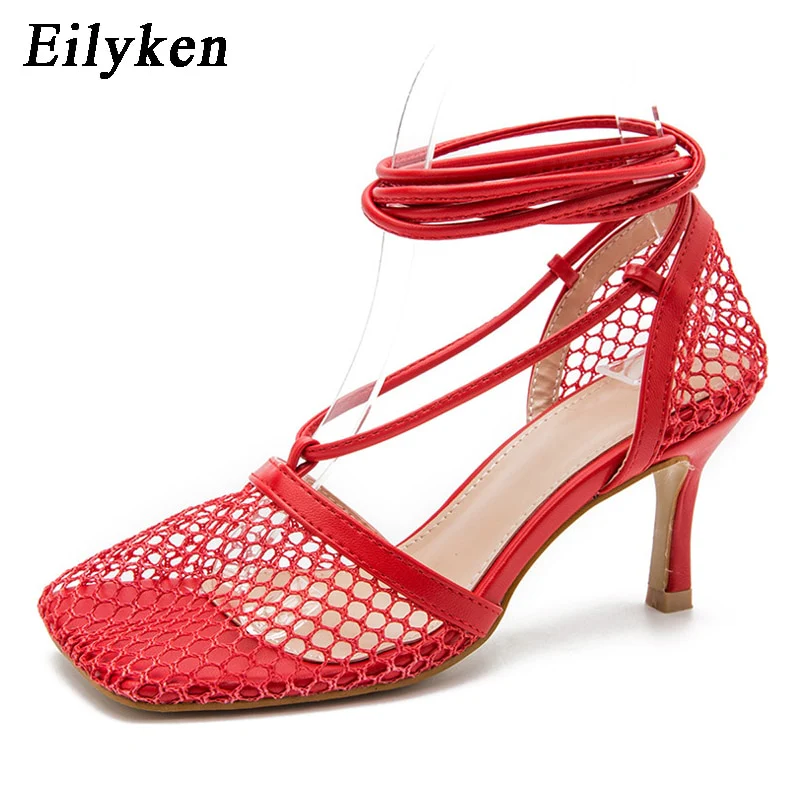Eilyken Summer Autumn Sexy Mesh Pumps Sandals Female Square Toe High Heel Lace Up Cross-tied Stiletto Hollow Dress Stripper Shoe - Image 4