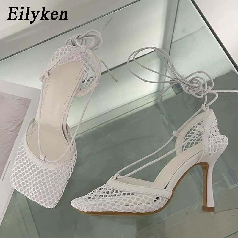 Eilyken Summer Autumn Sexy Mesh Pumps Sandals Female Square Toe High Heel Lace Up Cross-tied Stiletto Hollow Dress Stripper Shoe - Image 6
