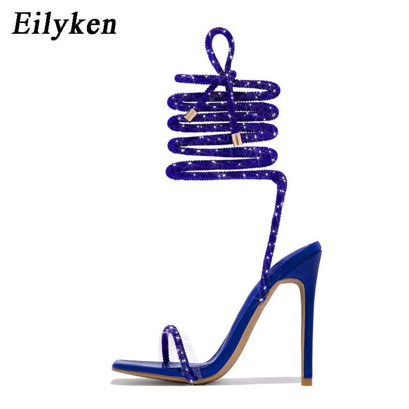 Eilyken Transparent Crystal Rhinestone Women Sandals Ankle Lace-up Square Toe Wedding Party High Heels Female Shoes - Image 3