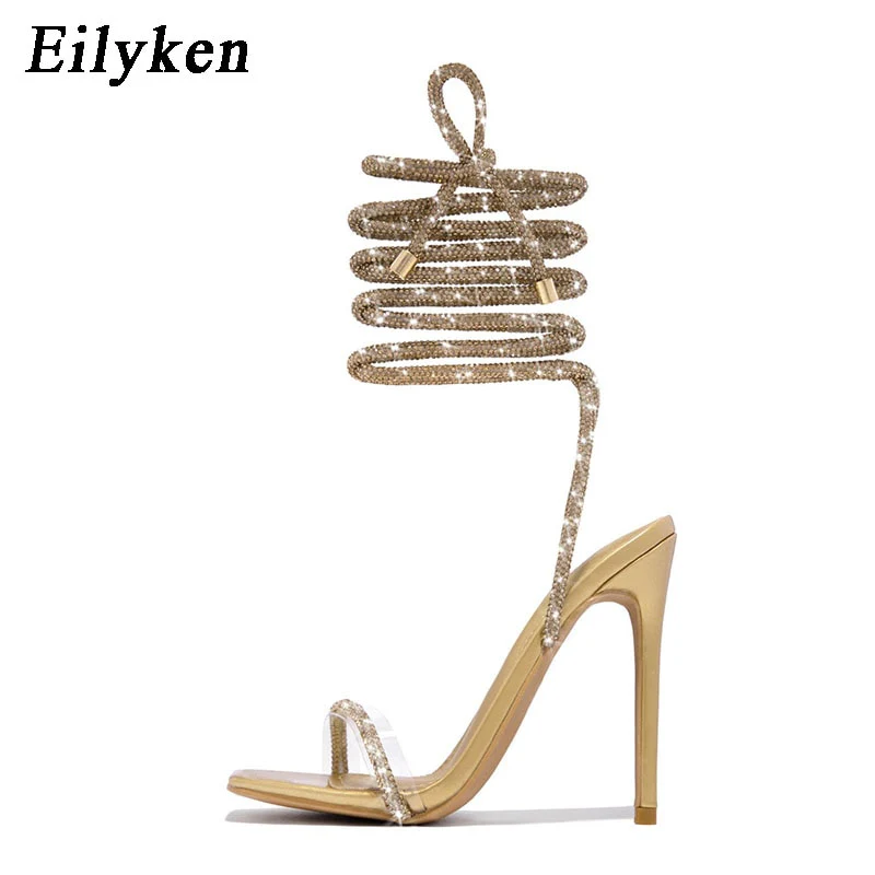 Eilyken Transparent Crystal Rhinestone Women Sandals Ankle Lace-up Square Toe Wedding Party High Heels Female Shoes - Image 4