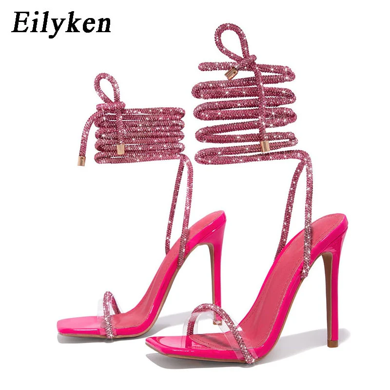 Eilyken Transparent Crystal Rhinestone Women Sandals Ankle Lace-up Square Toe Wedding Party High Heels Female Shoes - Image 6
