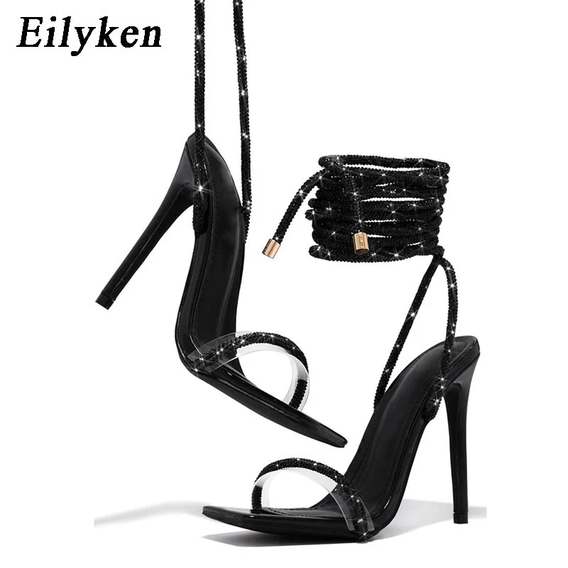 Eilyken Transparent Crystal Rhinestone Women Sandals Ankle Lace-up Square Toe Wedding Party High Heels Female Shoes - Image 8