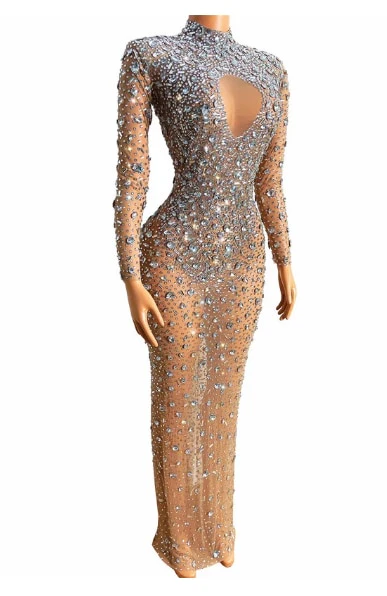 Flashing Silver Crystals Stones Sexy Transparent Long Dress  Evening Birthday Celebrate Mesh Stretch Dance Long Sleeves Dress - Image 3