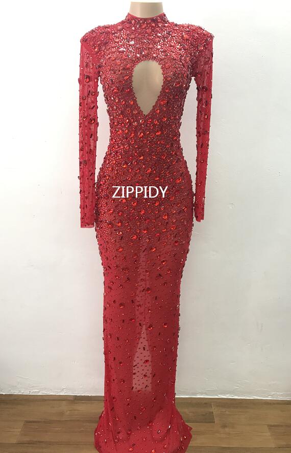 Flashing Silver Crystals Stones Sexy Transparent Long Dress  Evening Birthday Celebrate Mesh Stretch Dance Long Sleeves Dress - Image 4