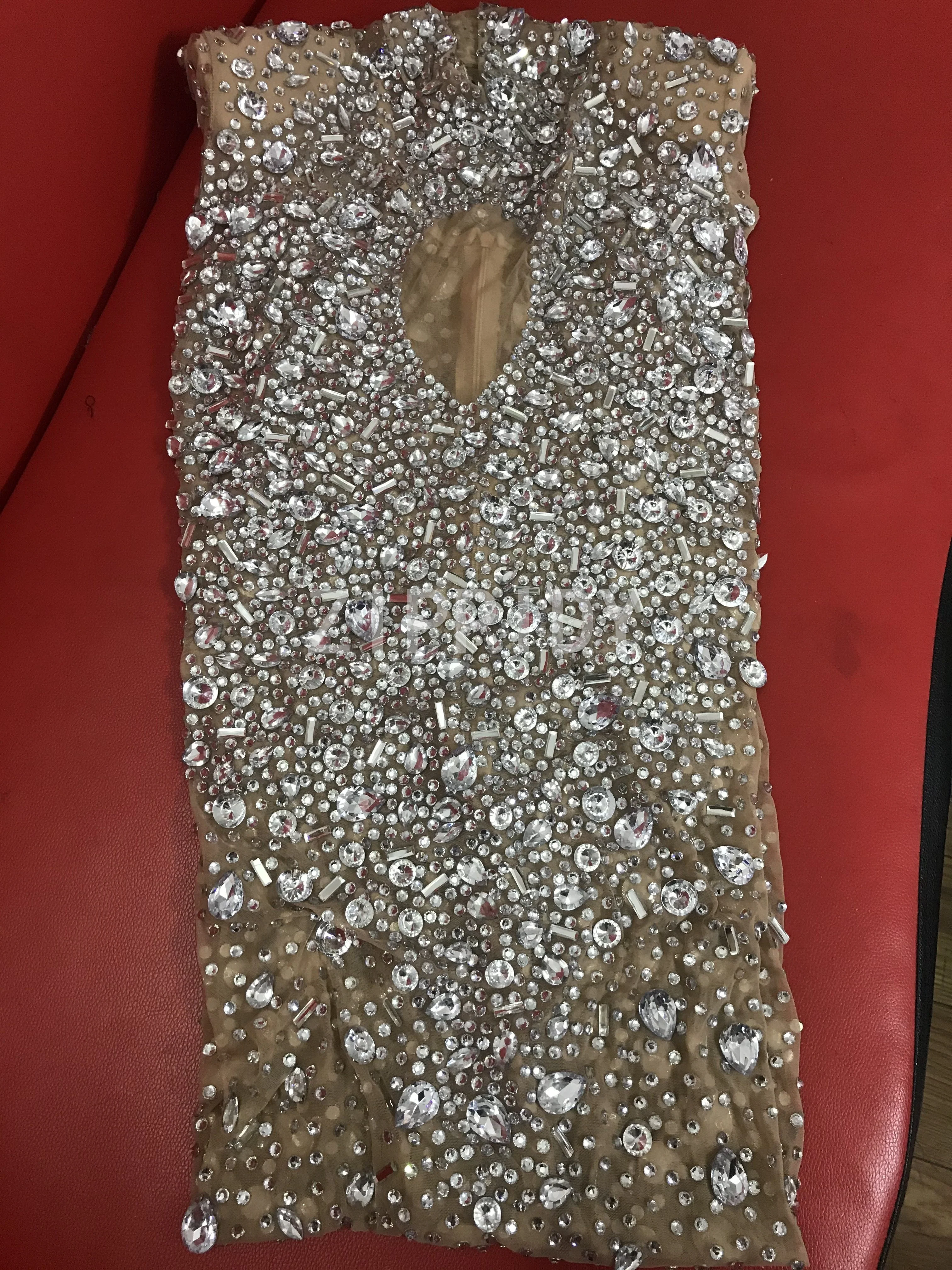 Flashing Silver Crystals Stones Sexy Transparent Long Dress  Evening Birthday Celebrate Mesh Stretch Dance Long Sleeves Dress - Image 9