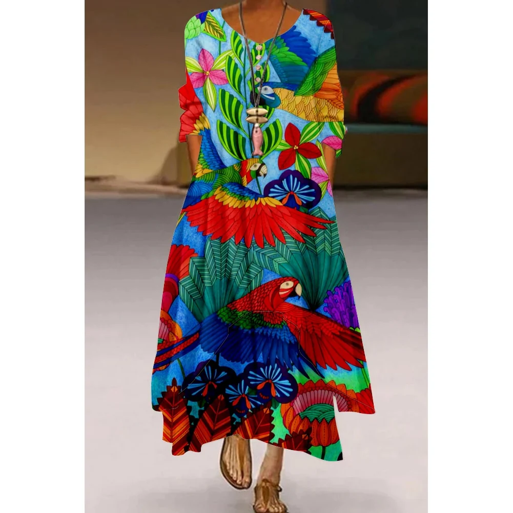 Floral Parrot Print Maxi Long Dress Women's Fashion Party Evening Dresses Sexy high Waist Robe Summer Long Sleeve Elegant Dress - Image 11