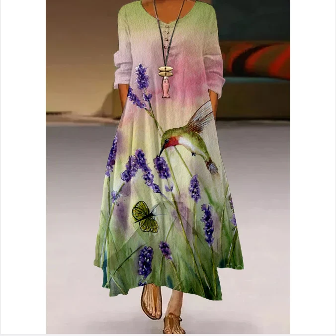 Floral Parrot Print Maxi Long Dress Women's Fashion Party Evening Dresses Sexy high Waist Robe Summer Long Sleeve Elegant Dress - Image 12