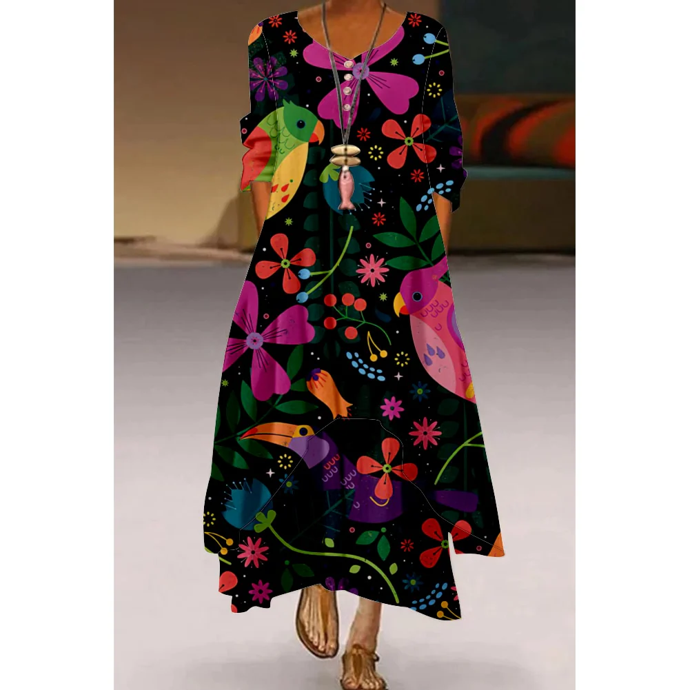 Floral Parrot Print Maxi Long Dress Women's Fashion Party Evening Dresses Sexy high Waist Robe Summer Long Sleeve Elegant Dress - Image 15