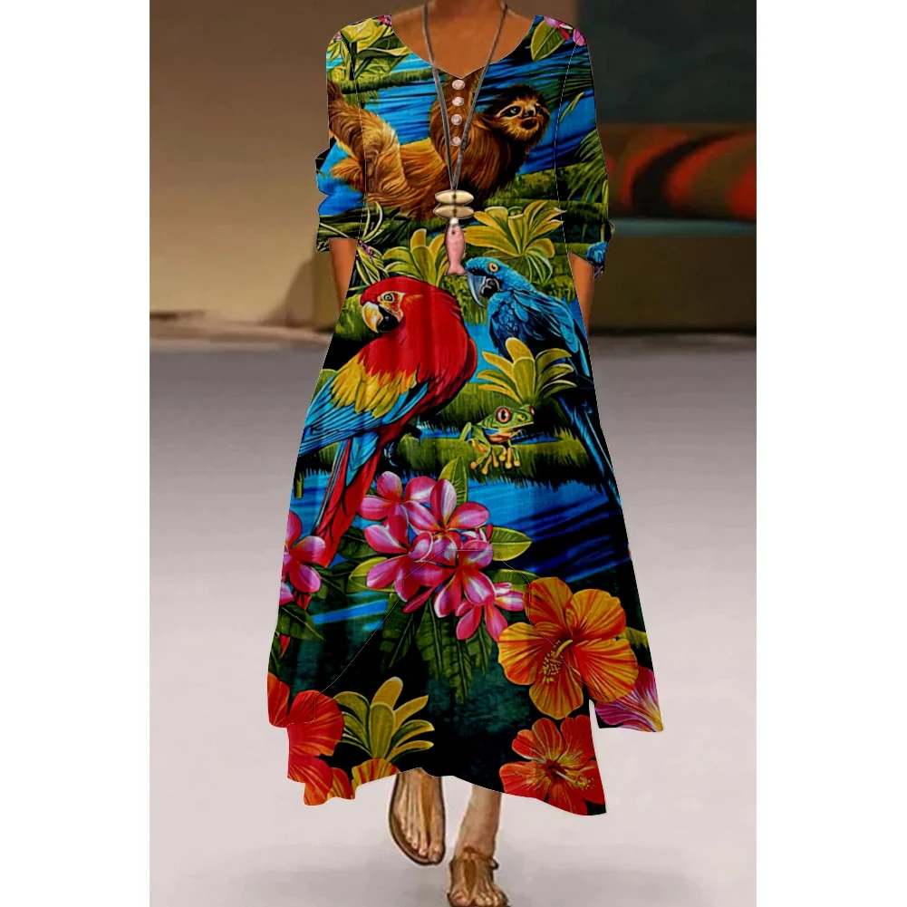 Floral Parrot Print Maxi Long Dress Women's Fashion Party Evening Dresses Sexy high Waist Robe Summer Long Sleeve Elegant Dress - Image 16