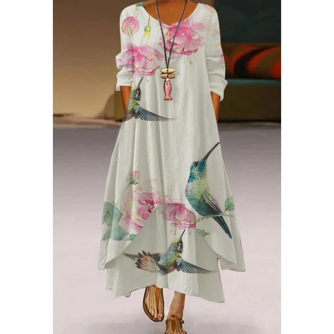 Floral Parrot Print Maxi Long Dress Women's Fashion Party Evening Dresses Sexy high Waist Robe Summer Long Sleeve Elegant Dress - Image 17