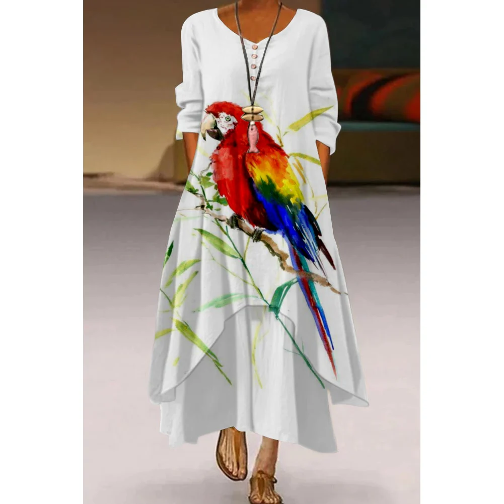 Floral Parrot Print Maxi Long Dress Women's Fashion Party Evening Dresses Sexy high Waist Robe Summer Long Sleeve Elegant Dress - Image 3