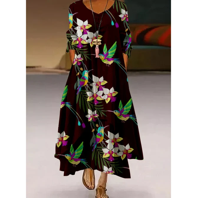 Floral Parrot Print Maxi Long Dress Women's Fashion Party Evening Dresses Sexy high Waist Robe Summer Long Sleeve Elegant Dress - Image 4